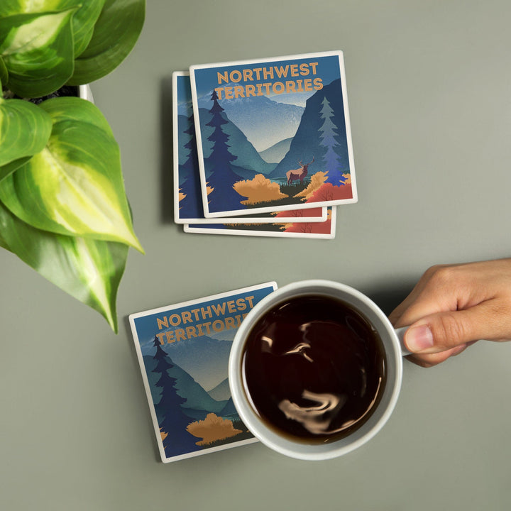 Northwest Territories, Lithograph, Elk and Mountains Scene, Coasters Coasters Lantern Press 