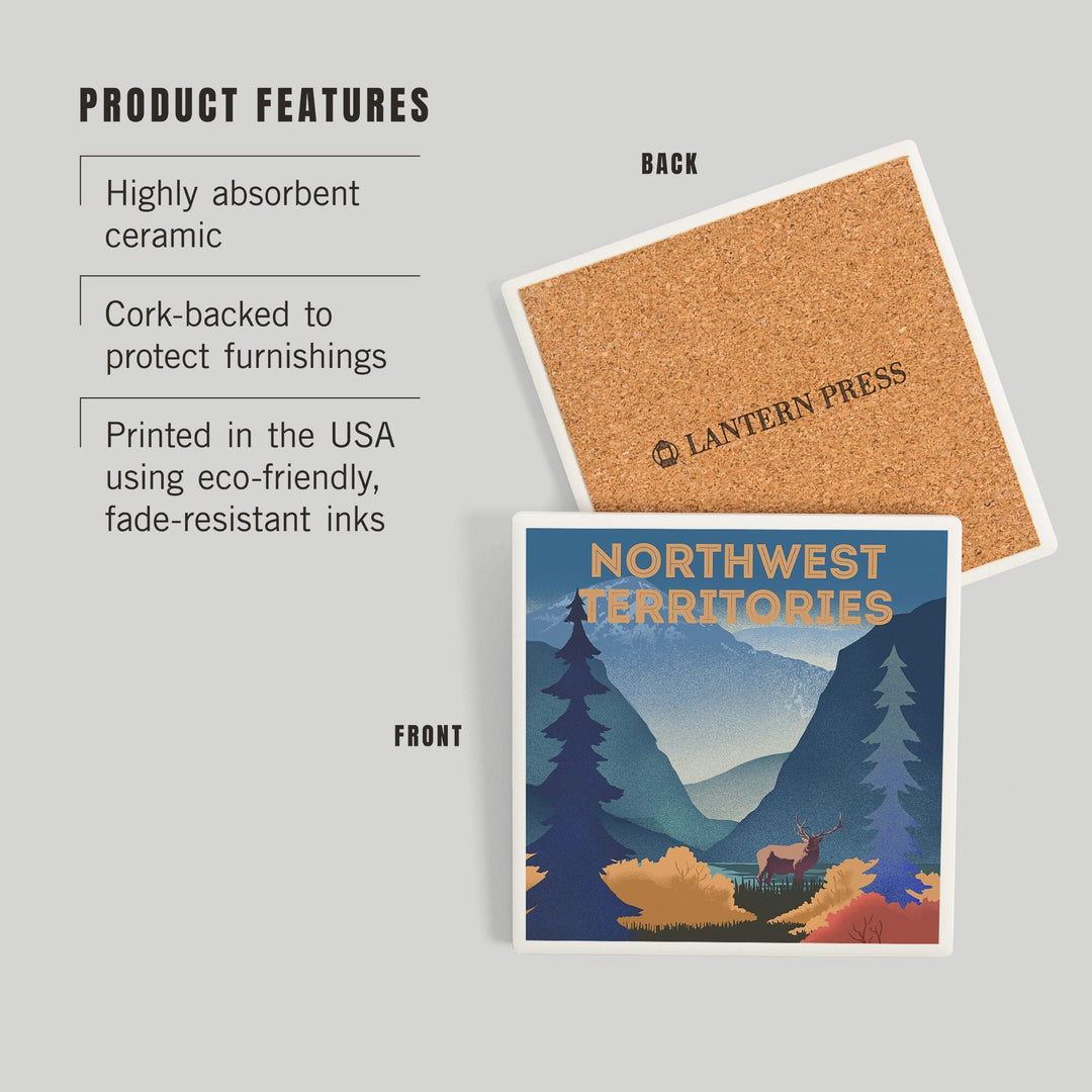 Northwest Territories, Lithograph, Elk and Mountains Scene, Coasters Coasters Lantern Press 