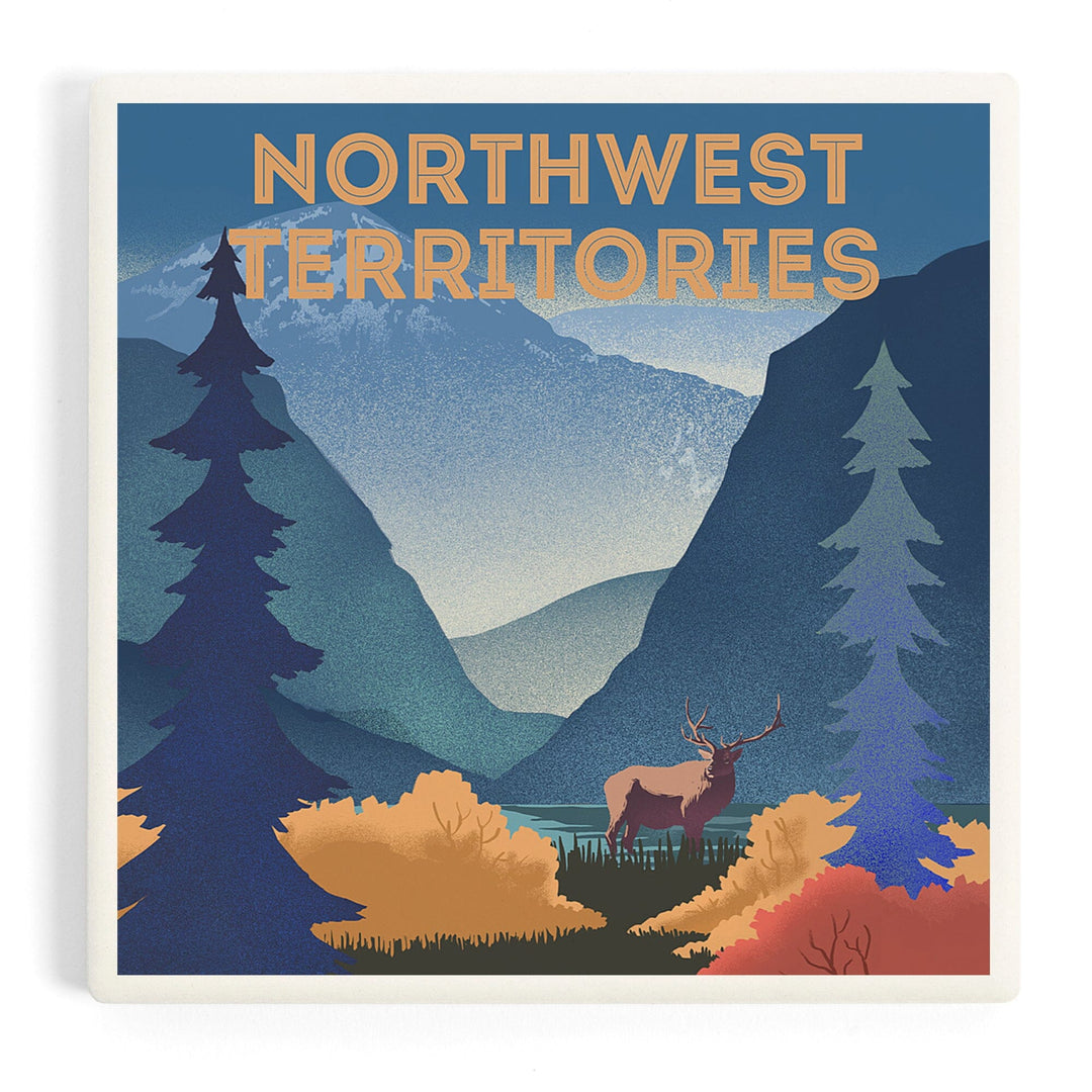 Northwest Territories, Lithograph, Elk and Mountains Scene, Coasters Coasters Lantern Press Coaster 