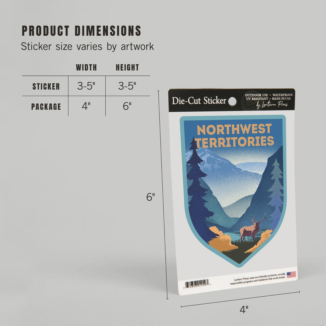 Northwest Territories, Lithograph, Elk and Mountains Scene, Contour, Vinyl Sticker Sticker Lantern Press 