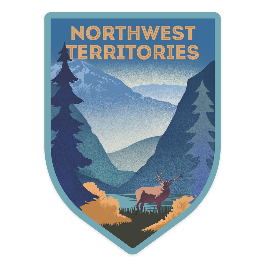 Northwest Territories, Lithograph, Elk and Mountains Scene, Contour, Vinyl Sticker Sticker Lantern Press 