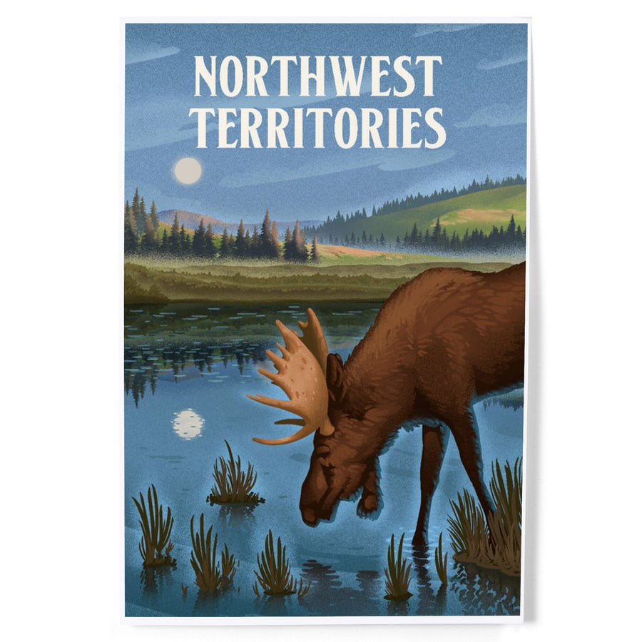 Northwest Territories, Lithograph, Reflection Pond and Bull Moose, Art & Giclee Prints Art Lantern Press 