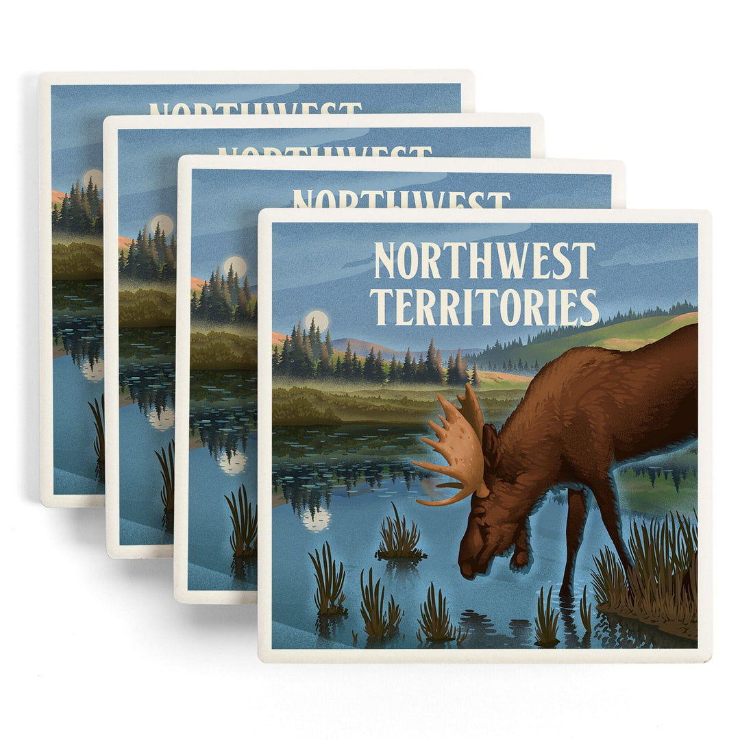 Northwest Territories, Lithograph, Reflection Pond and Bull Moose, Coasters Coasters Lantern Press 