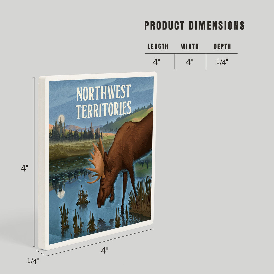 Northwest Territories, Lithograph, Reflection Pond and Bull Moose, Coasters Coasters Lantern Press 