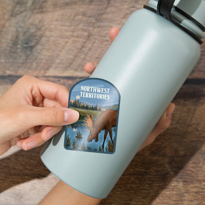 Northwest Territories, Lithograph, Reflection Pond and Bull Moose, Contour, Vinyl Sticker Sticker Lantern Press 