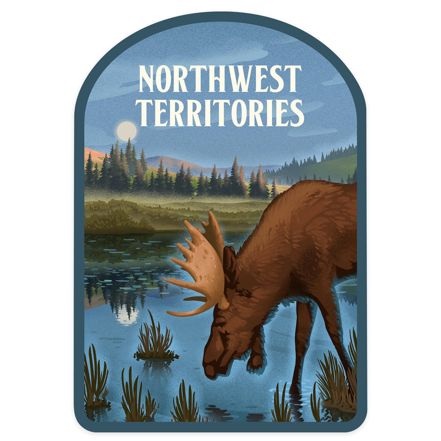 Northwest Territories, Lithograph, Reflection Pond and Bull Moose, Contour, Vinyl Sticker Sticker Lantern Press 