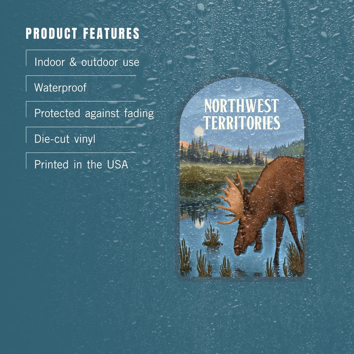 Northwest Territories, Lithograph, Reflection Pond and Bull Moose, Contour, Vinyl Sticker Sticker Lantern Press 