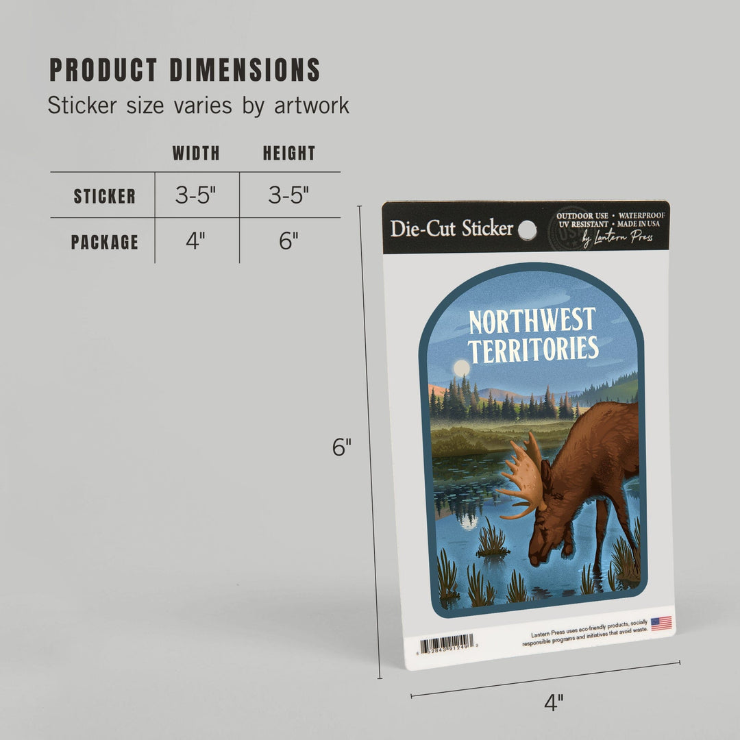 Northwest Territories, Lithograph, Reflection Pond and Bull Moose, Contour, Vinyl Sticker Sticker Lantern Press 