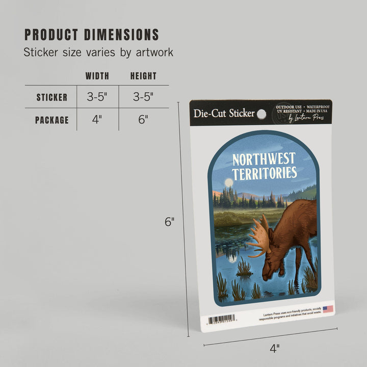 Northwest Territories, Lithograph, Reflection Pond and Bull Moose, Contour, Vinyl Sticker Sticker Lantern Press 