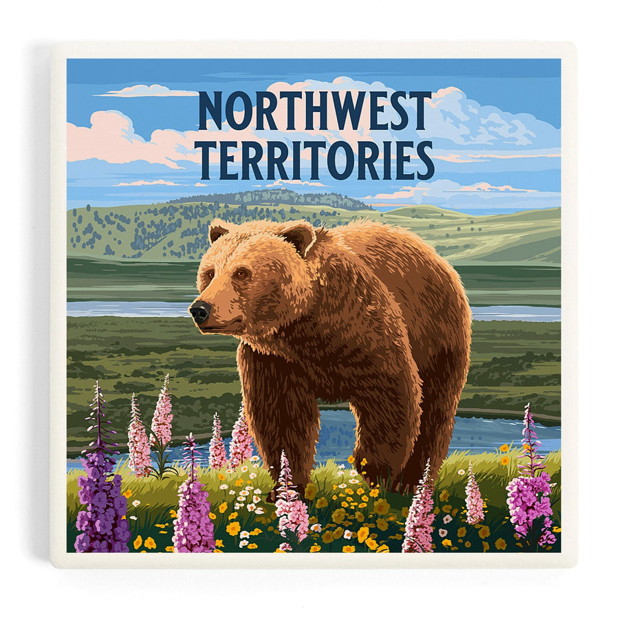Northwest Territories, Painterly, Grizzly Bear in Meadow, Coasters Coasters Lantern Press 