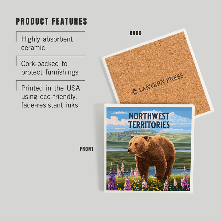 Northwest Territories, Painterly, Grizzly Bear in Meadow, Coasters Coasters Lantern Press 