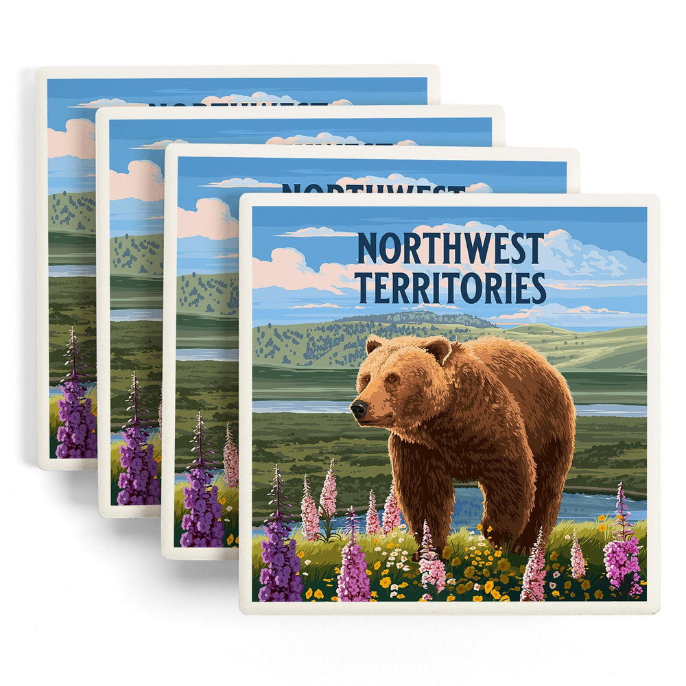 Northwest Territories, Painterly, Grizzly Bear in Meadow, Coasters Coasters Lantern Press 