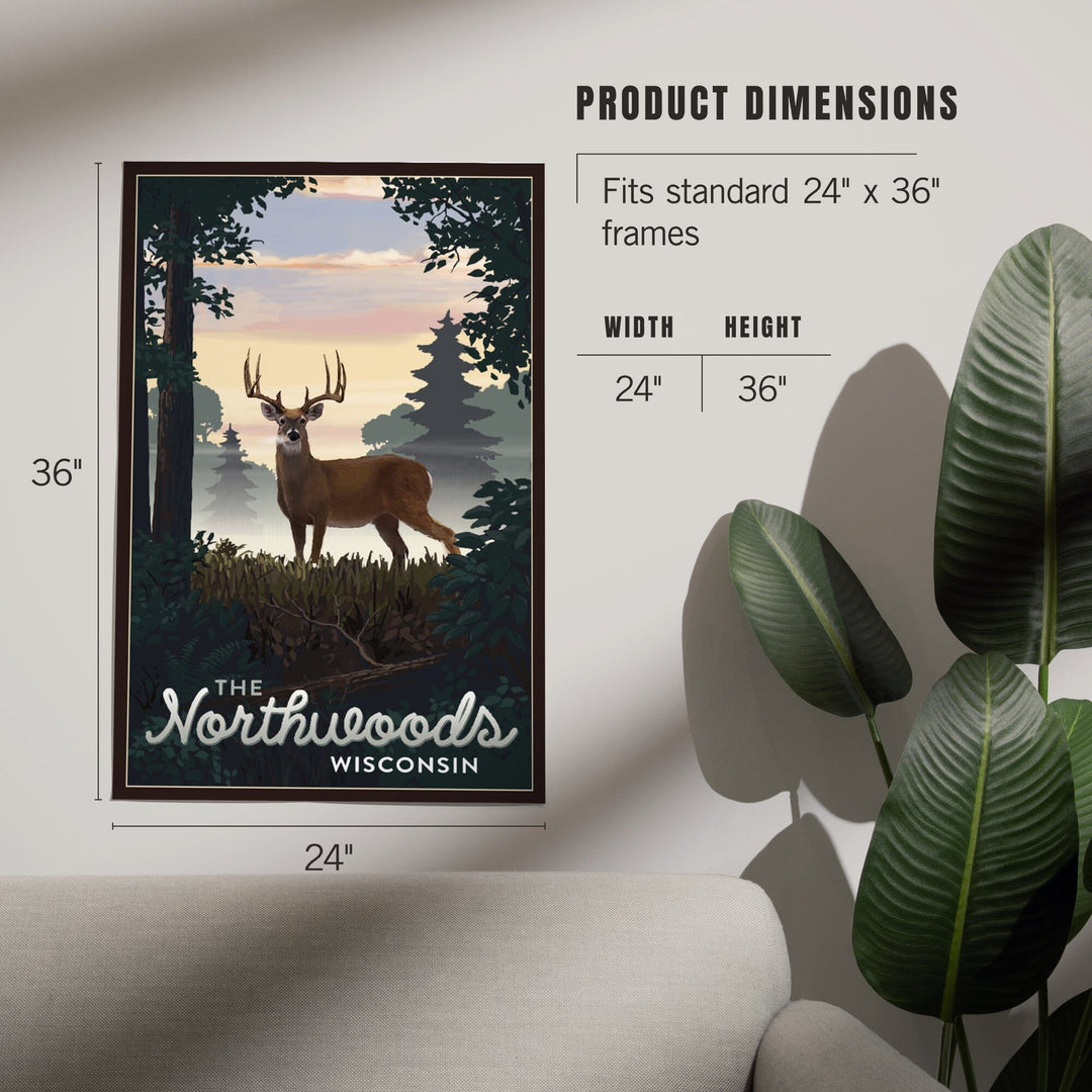 Northwoods, Wisconsin, Deer and Sunrise, Art & Giclee Prints Art Lantern Press 