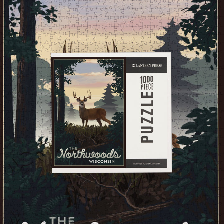 Northwoods, Wisconsin, Deer and Sunrise, Jigsaw Puzzle Puzzle Lantern Press 