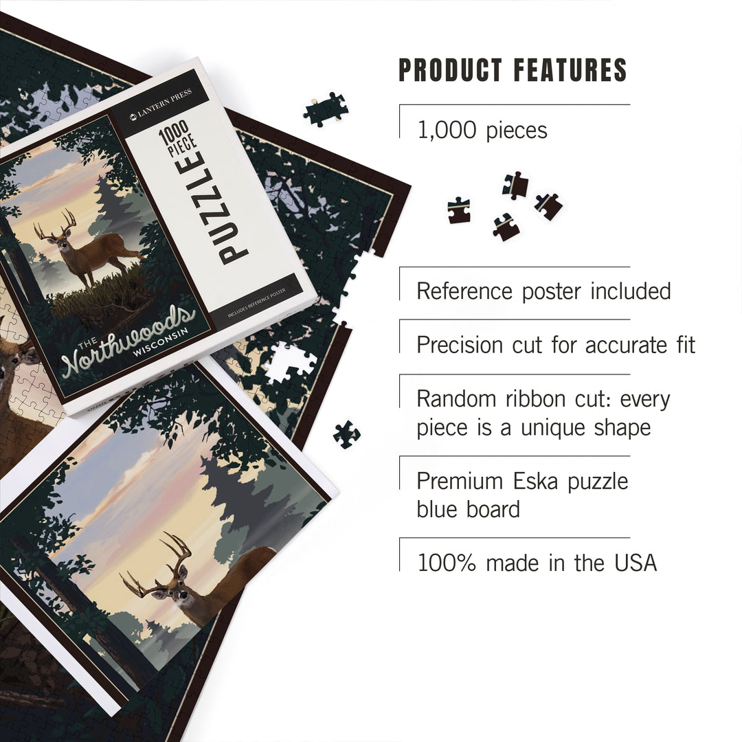 Northwoods, Wisconsin, Deer and Sunrise, Jigsaw Puzzle Puzzle Lantern Press 