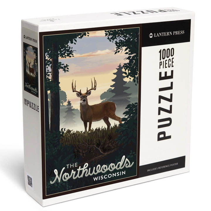 Northwoods, Wisconsin, Deer and Sunrise, Jigsaw Puzzle Puzzle Lantern Press 