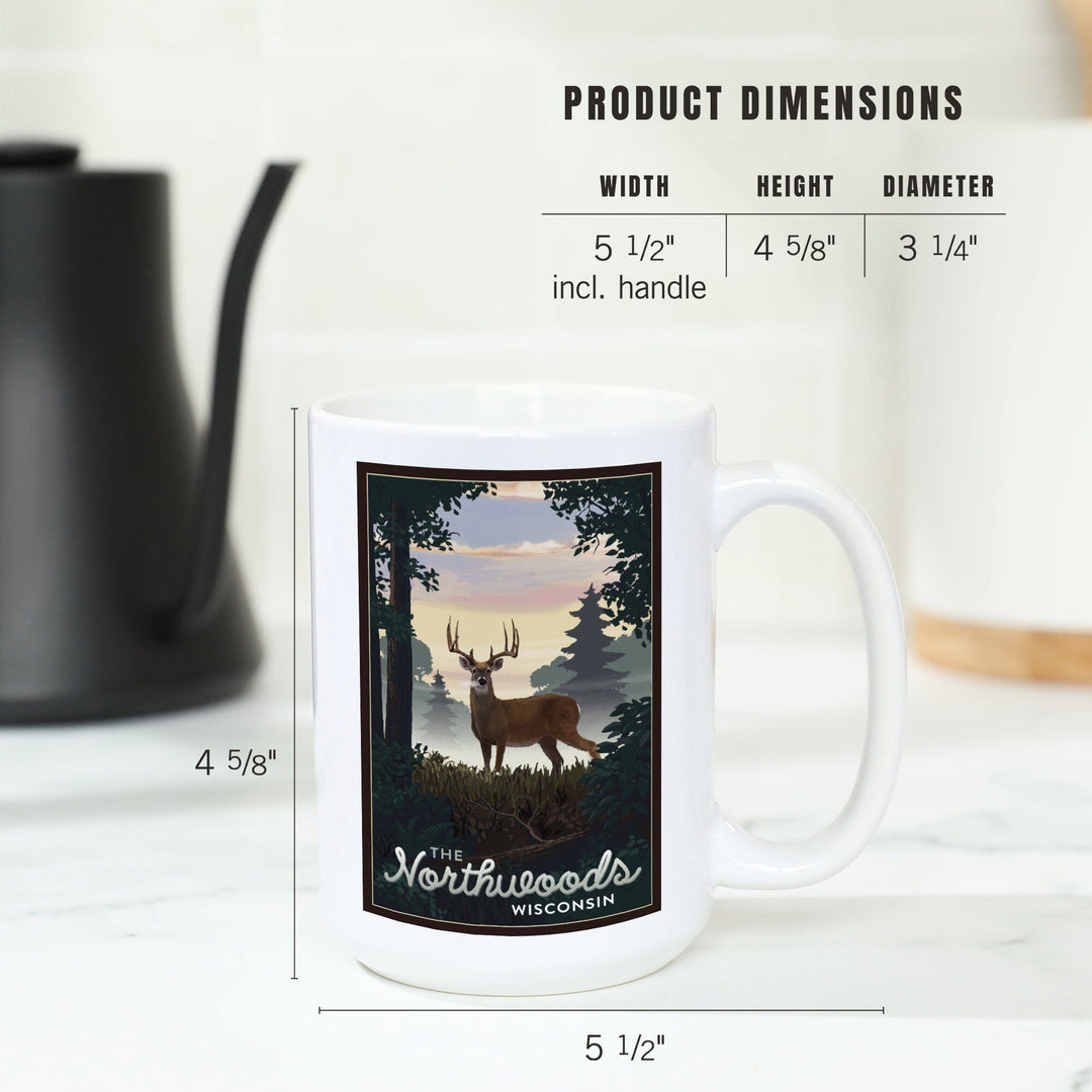 Northwoods, Wisconsin, Deer & Sunrise, Lantern Press Artwork, Ceramic Mug Mugs Lantern Press 