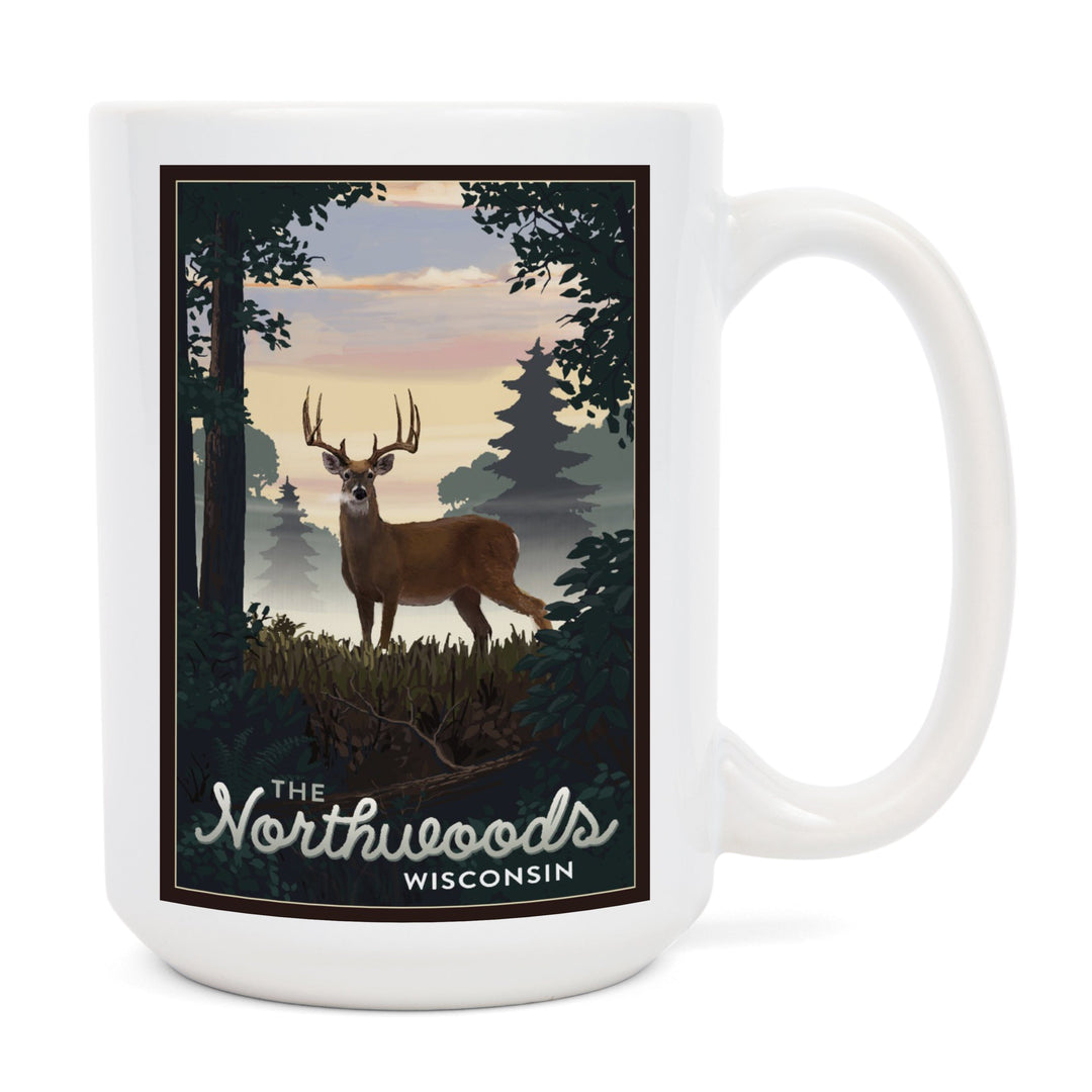 Northwoods, Wisconsin, Deer & Sunrise, Lantern Press Artwork, Ceramic Mug Mugs Lantern Press 