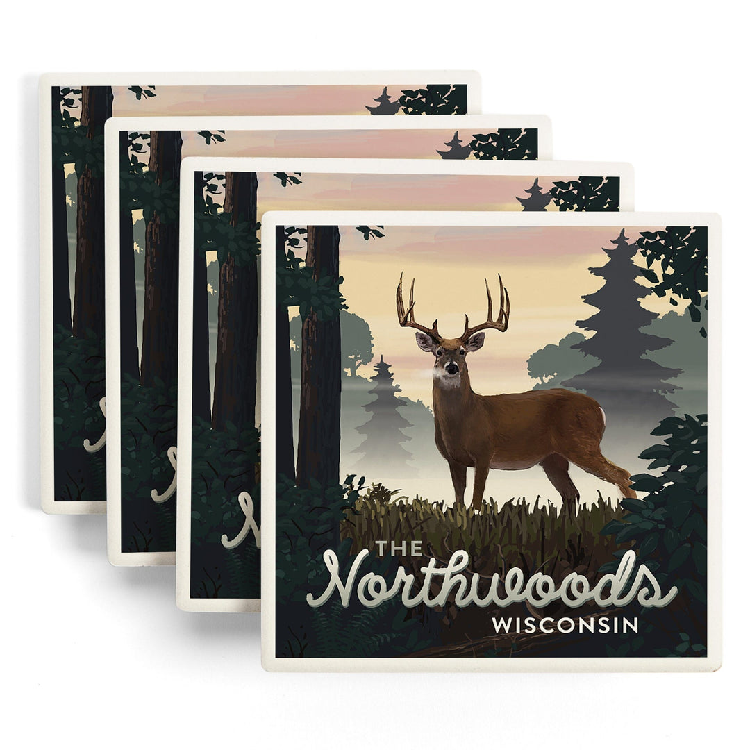 Northwoods, Wisconsin, Deer & Sunrise, Lantern Press Artwork, Coaster Set Coasters Lantern Press 