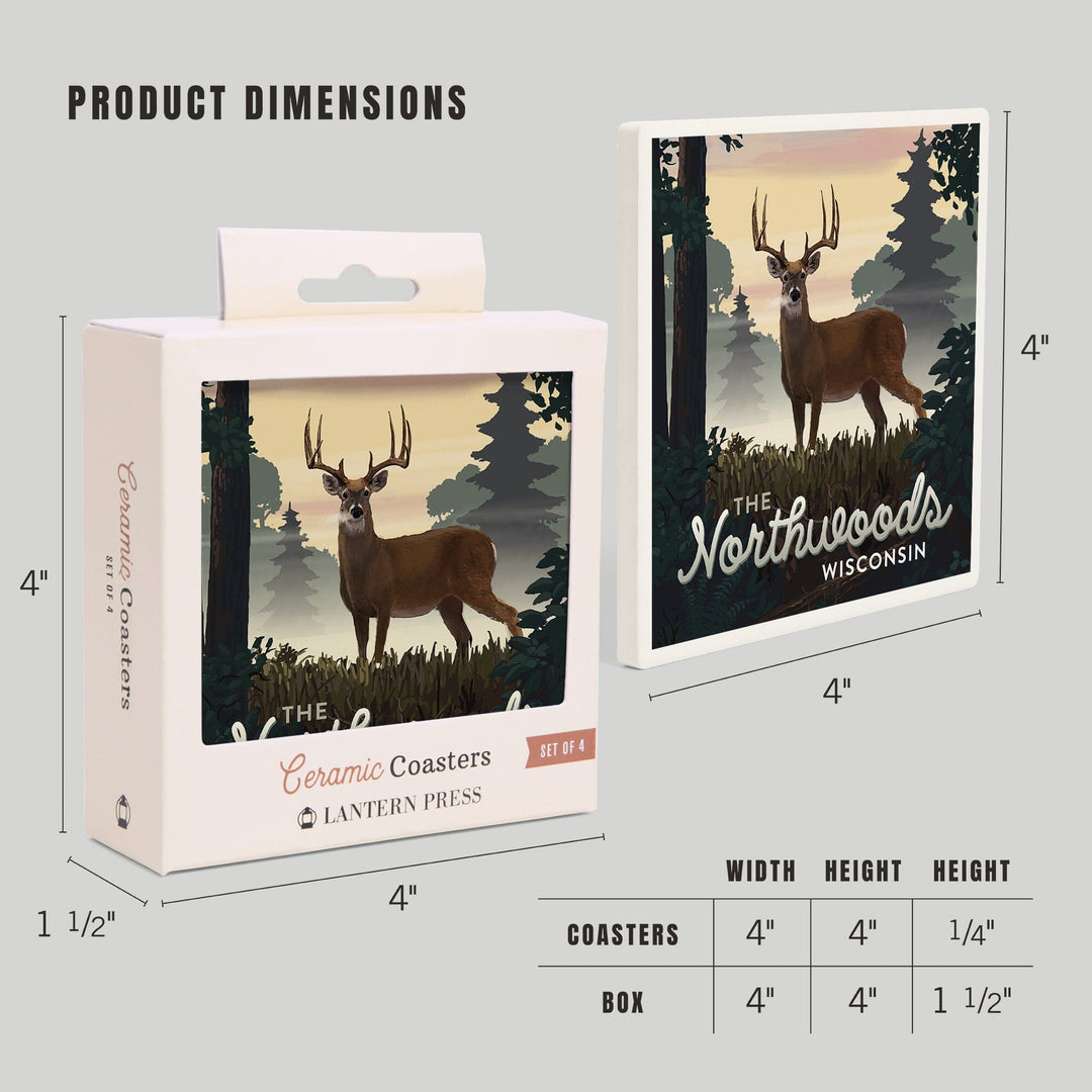 Northwoods, Wisconsin, Deer & Sunrise, Lantern Press Artwork, Coaster Set Coasters Lantern Press 