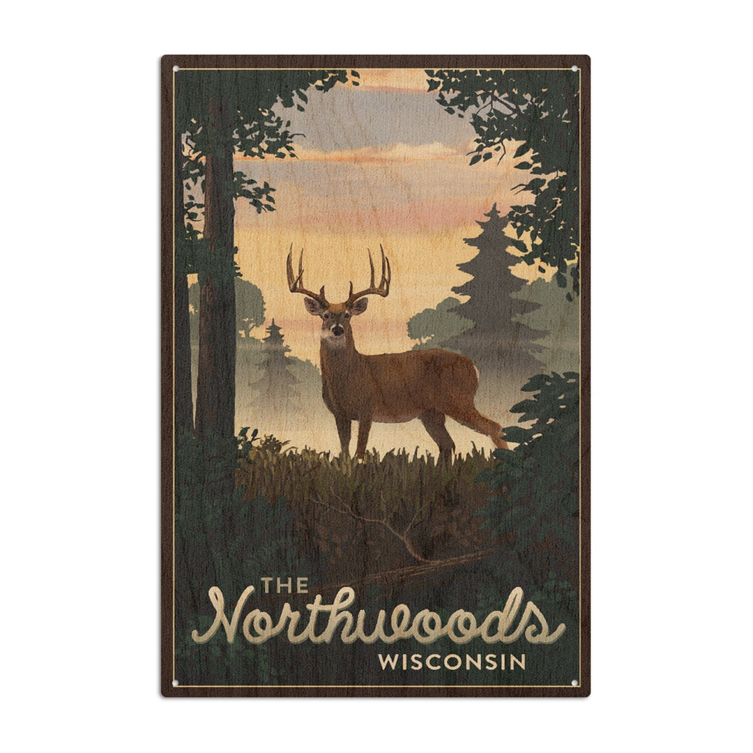 Northwoods, Wisconsin, Deer & Sunrise, Lantern Press Artwork, Wood Signs and Postcards Wood Lantern Press 10 x 15 Wood Sign 