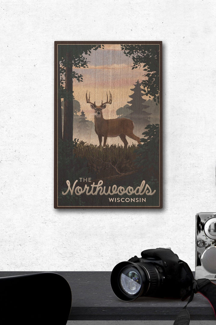 Northwoods, Wisconsin, Deer & Sunrise, Lantern Press Artwork, Wood Signs and Postcards Wood Lantern Press 12 x 18 Wood Gallery Print 