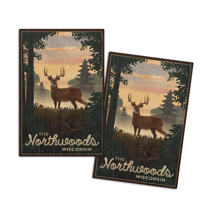 Northwoods, Wisconsin, Deer & Sunrise, Lantern Press Artwork, Wood Signs and Postcards Wood Lantern Press 4x6 Wood Postcard Set 