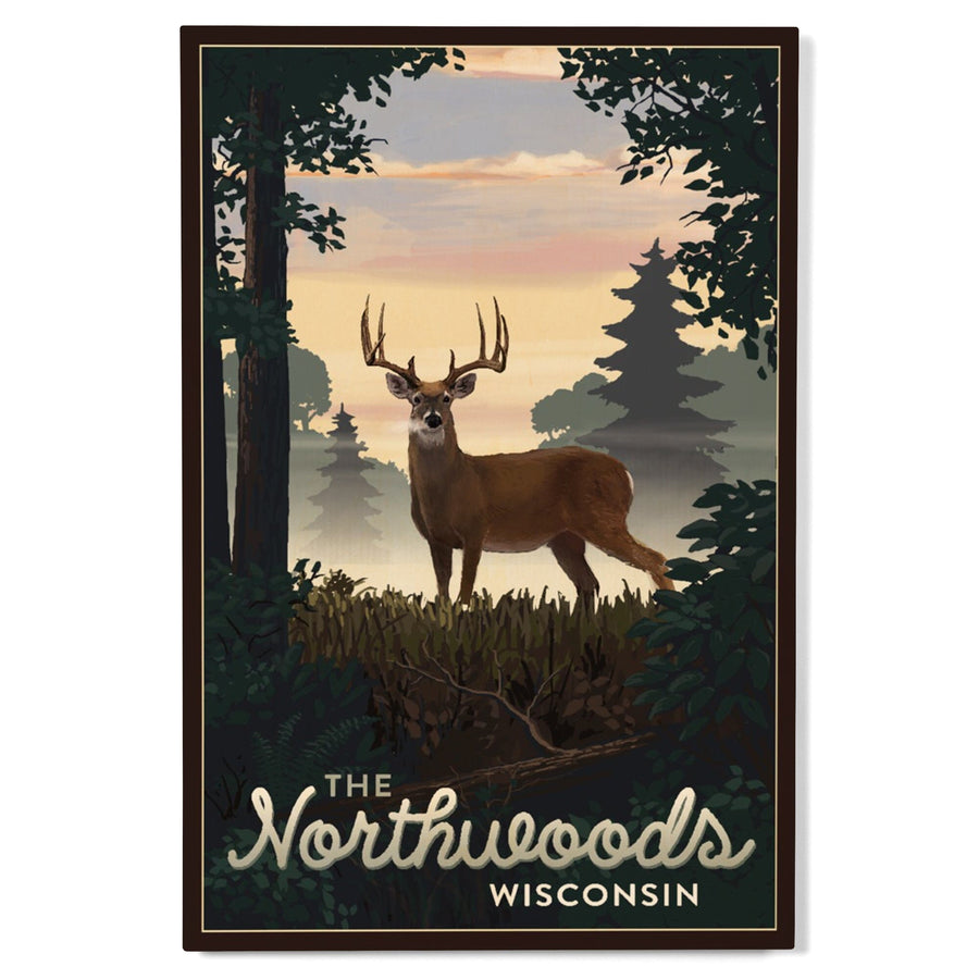 Northwoods, Wisconsin, Deer & Sunrise, Lantern Press Artwork, Wood Signs and Postcards Wood Lantern Press 