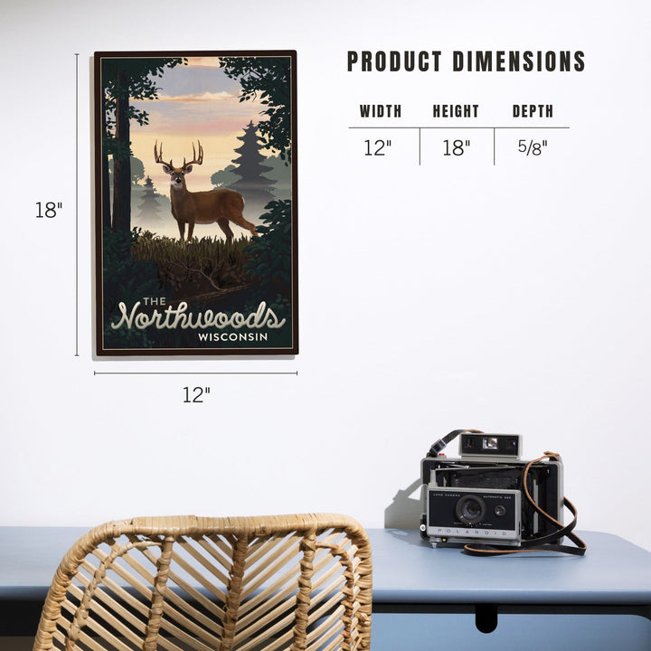 Northwoods, Wisconsin, Deer & Sunrise, Lantern Press Artwork, Wood Signs and Postcards Wood Lantern Press 