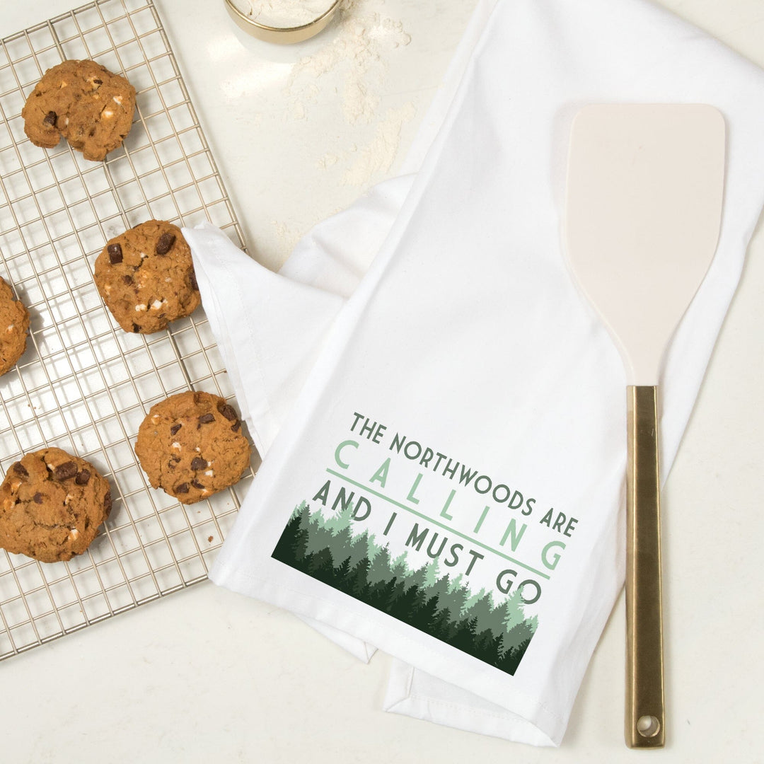 Northwoods, Wisconsin, Northwoods Calling and I Must Go, Pine Trees, Organic Cotton Kitchen Tea Towels Kitchen Lantern Press 
