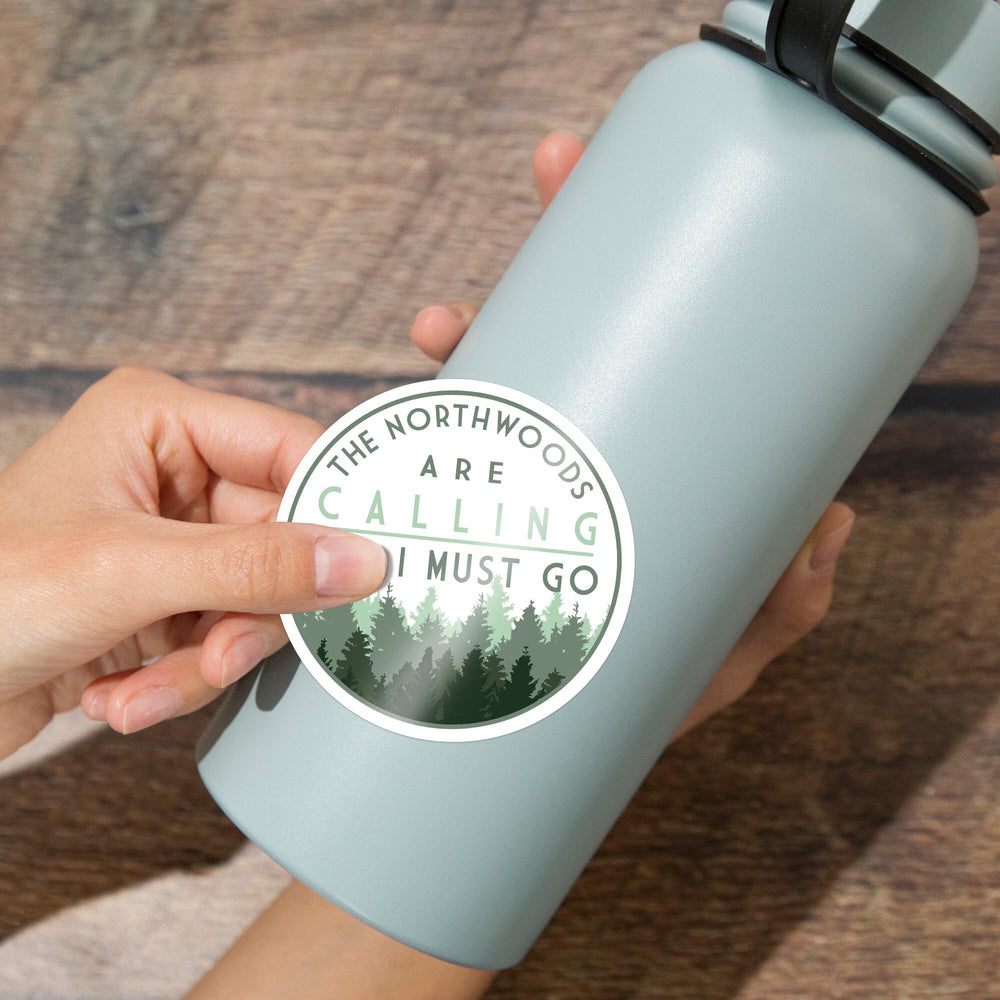 Northwoods, Wisconsin, Northwoods Calling & I Must Go, Pine Trees, Contour, Lantern Press Artwork, Vinyl Sticker Sticker Lantern Press 