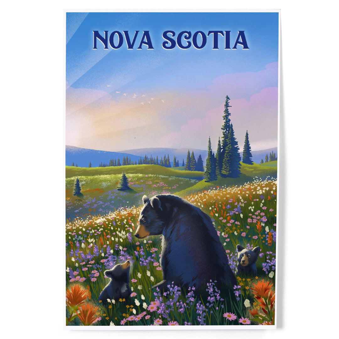 Nova Scotia, Lithograph, Bear Family in Field, Art & Giclee Prints Art Lantern Press 12 x 18 Art Print 