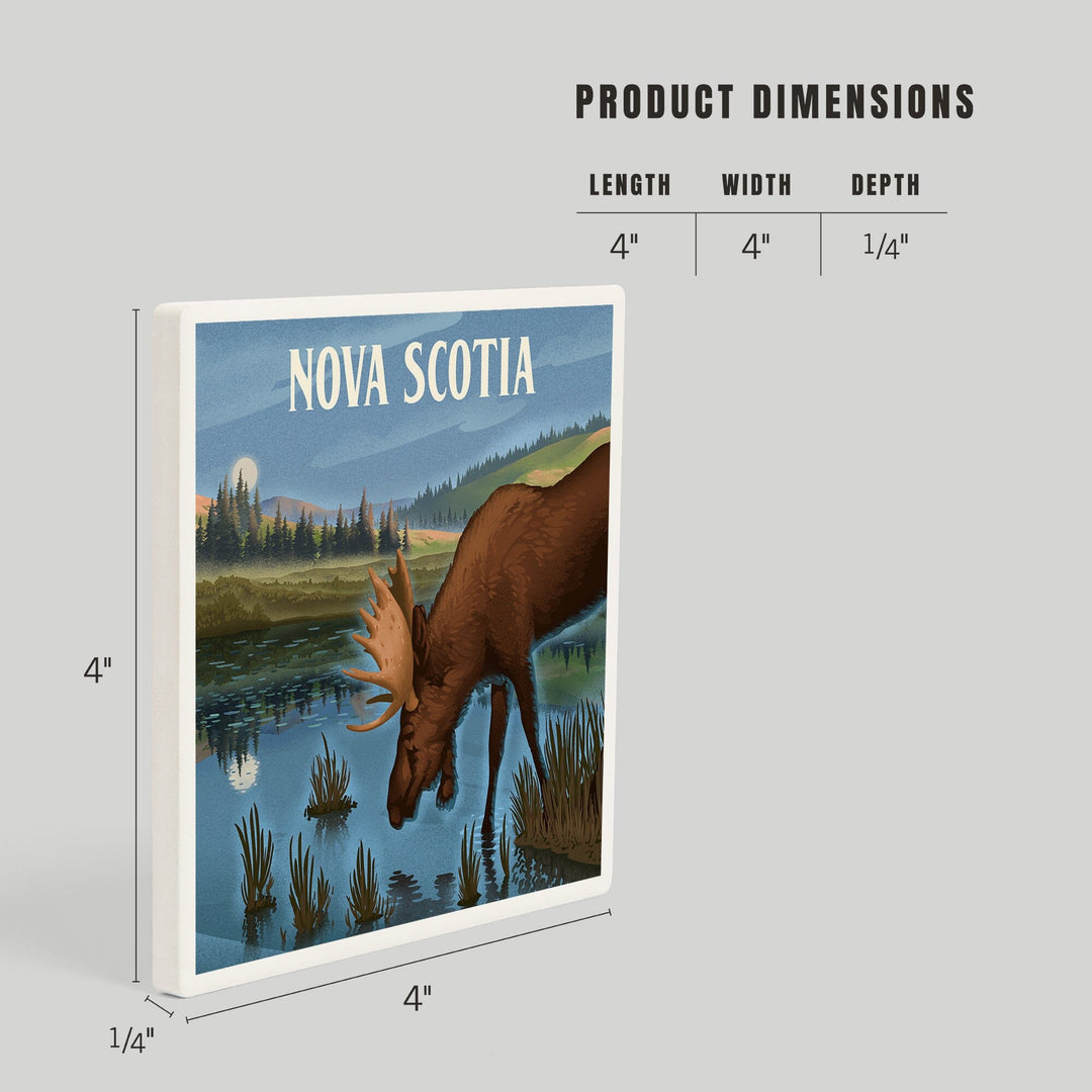 Nova Scotia, Lithograph, Reflection Pond and Bull Moose, Coasters Coasters Lantern Press 