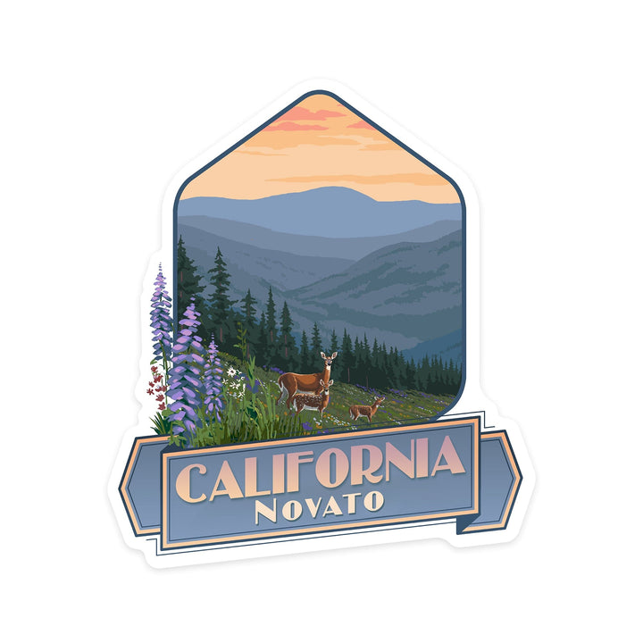 Novato, California, Deer and Spring Flowers, Contour, Vinyl Sticker Sticker Lantern Press 