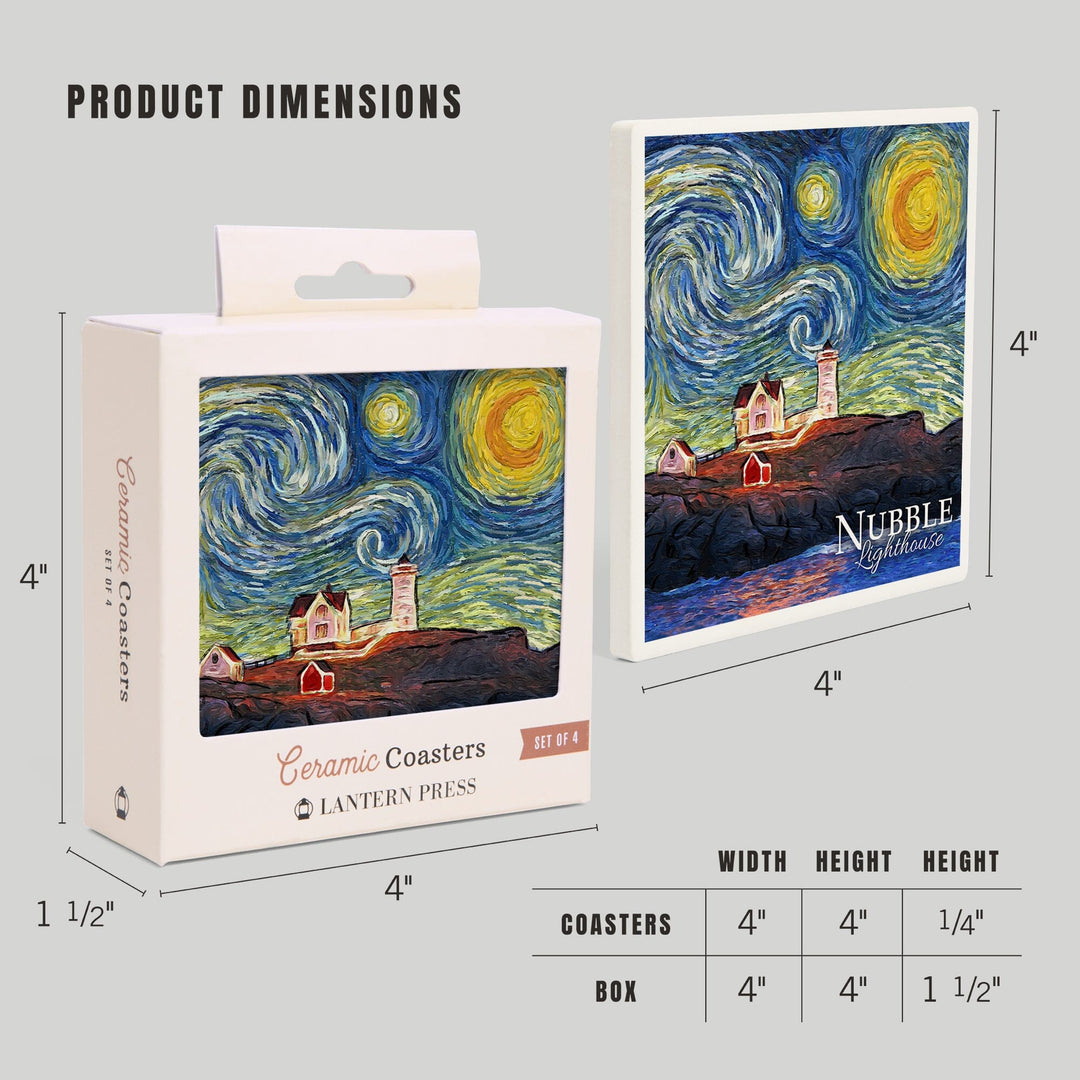 Nubble Lighthouse, Maine, Starry Night, Lantern Press Artwork, Coaster Set Coasters Lantern Press 