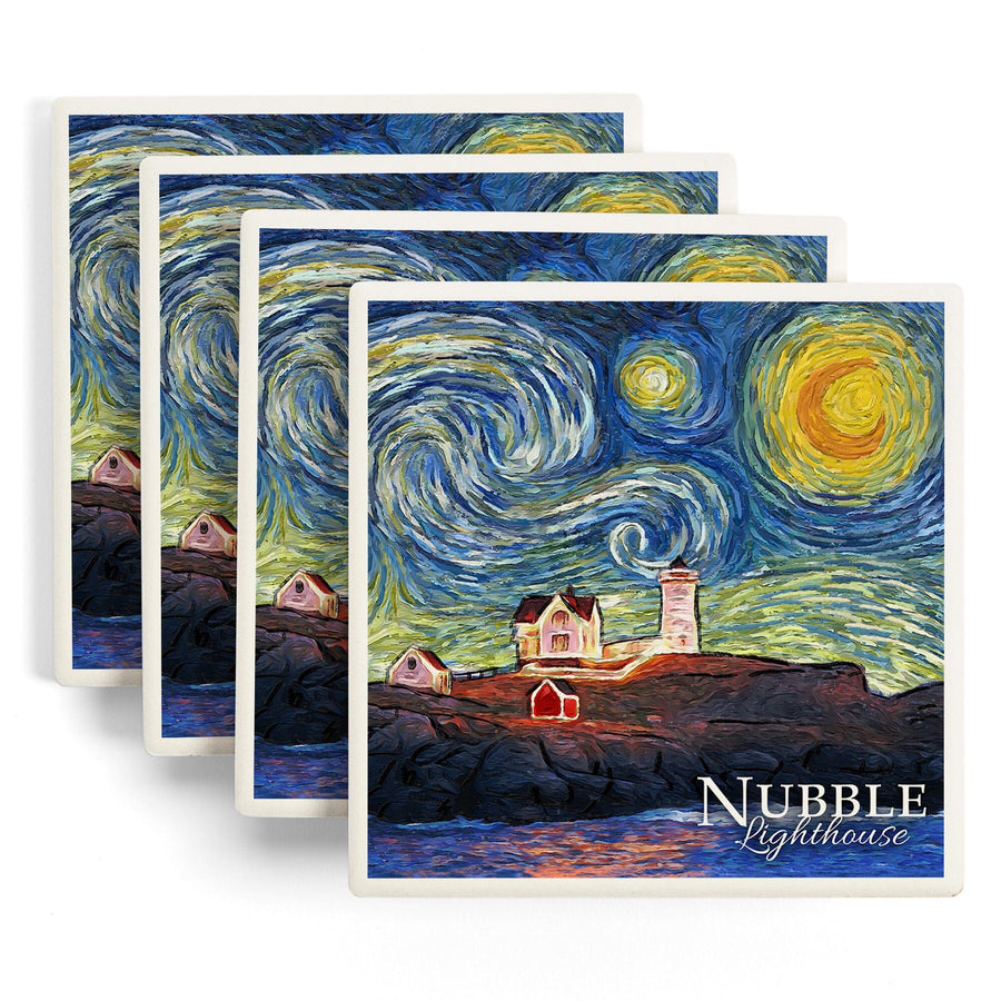 Nubble Lighthouse, Maine, Starry Night, Lantern Press Artwork, Coaster Set Coasters Lantern Press 