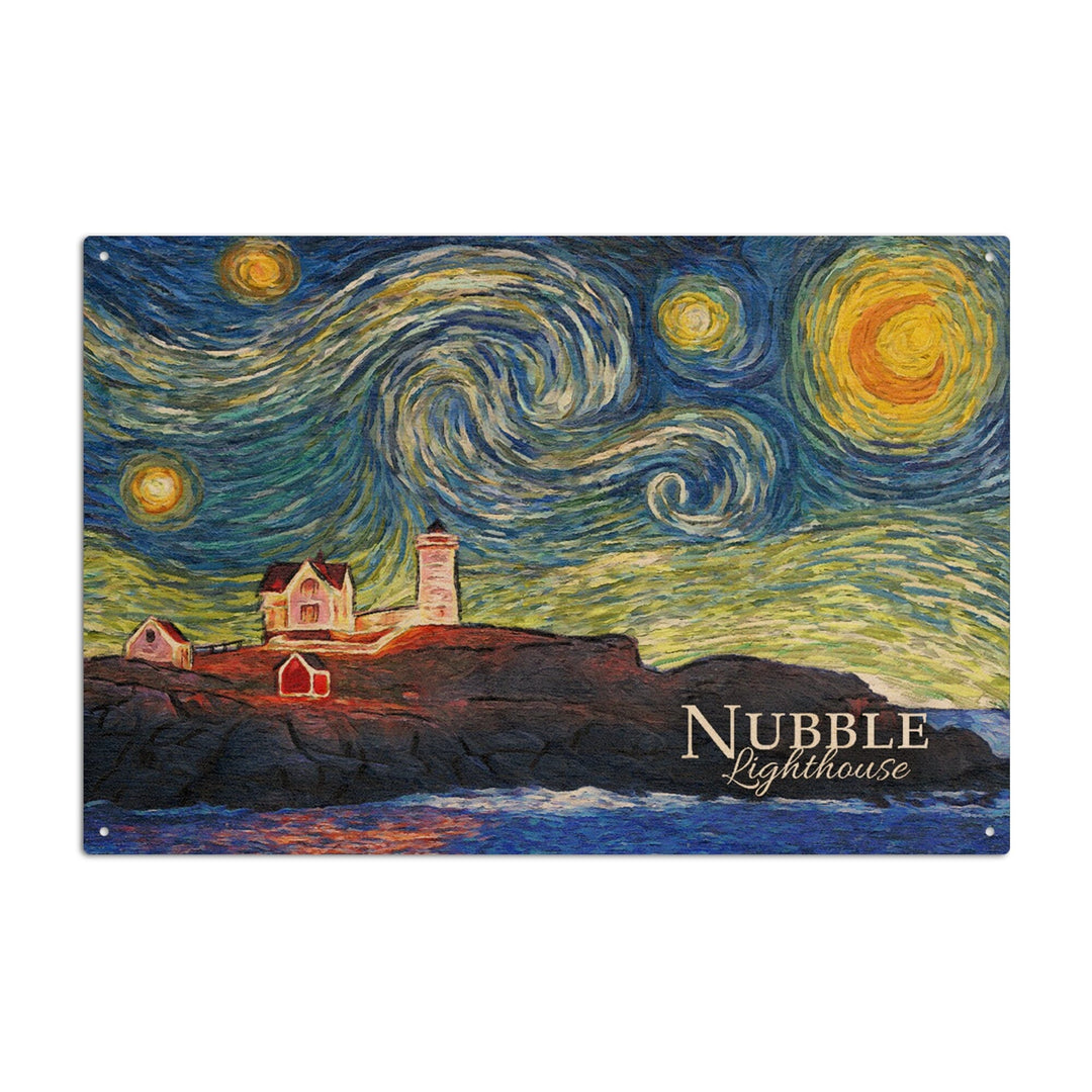 Nubble Lighthouse, Maine, Starry Night, Lantern Press Artwork, Wood Signs and Postcards Wood Lantern Press 10 x 15 Wood Sign 