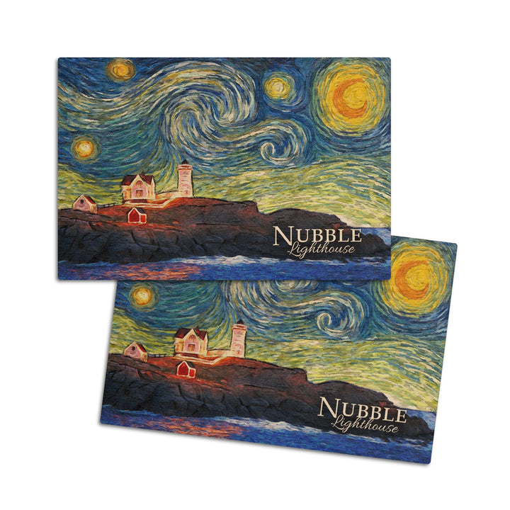 Nubble Lighthouse, Maine, Starry Night, Lantern Press Artwork, Wood Signs and Postcards Wood Lantern Press 4x6 Wood Postcard Set 