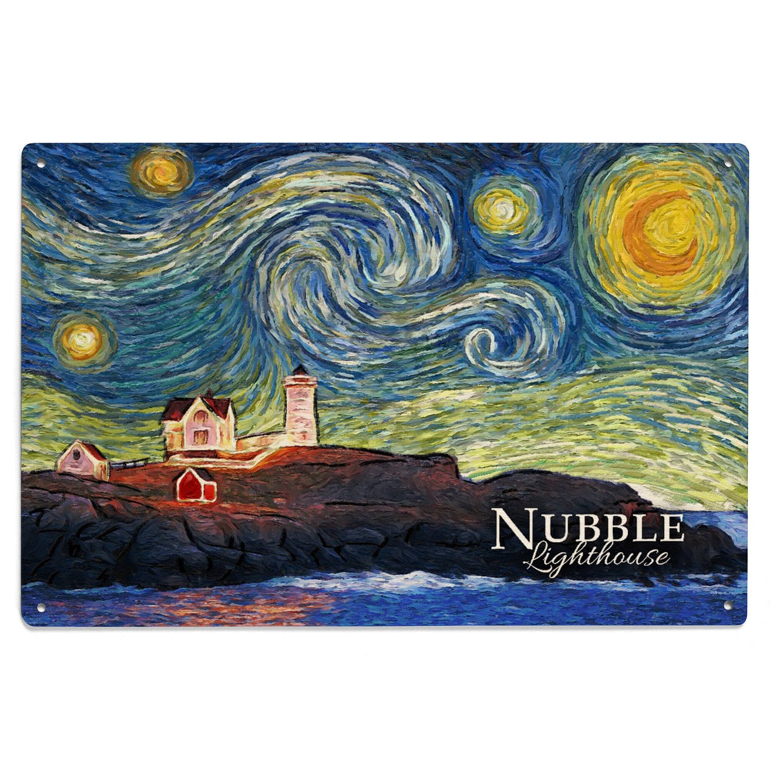 Nubble Lighthouse, Maine, Starry Night, Lantern Press Artwork, Wood Signs and Postcards Wood Lantern Press 