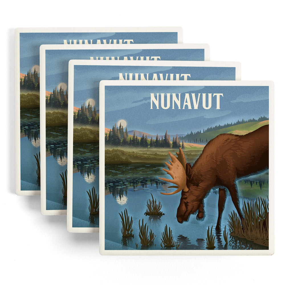 Nunavut, Lithograph, Reflection Pond and Bull Moose, Coasters Coasters Lantern Press 