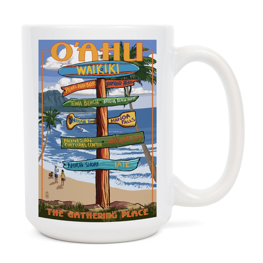 Oahu, Hawaii, Signpost, Lantern Press Artwork, Ceramic Mug Mugs Lantern Press 