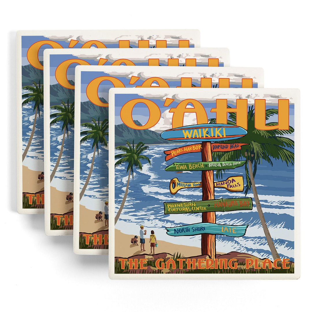 Oahu, Hawaii, Signpost, Lantern Press Artwork, Coaster Set Coasters Lantern Press 