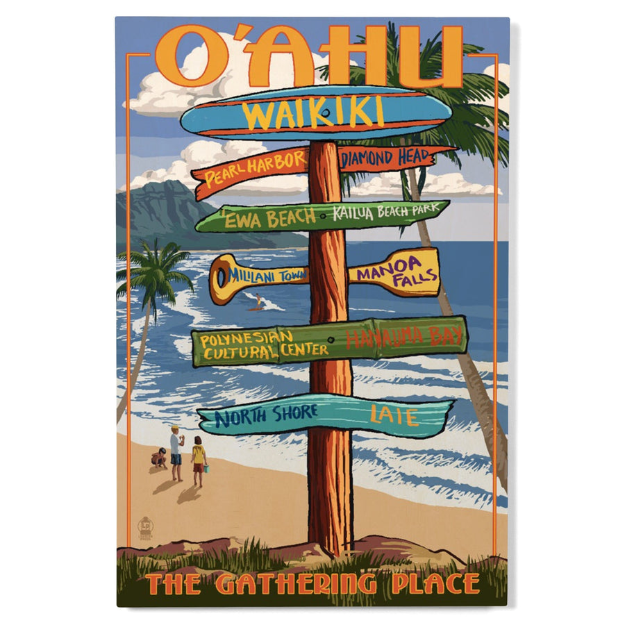 Oahu, Hawaii, Signpost, Lantern Press Artwork, Wood Signs and Postcards Wood Lantern Press 
