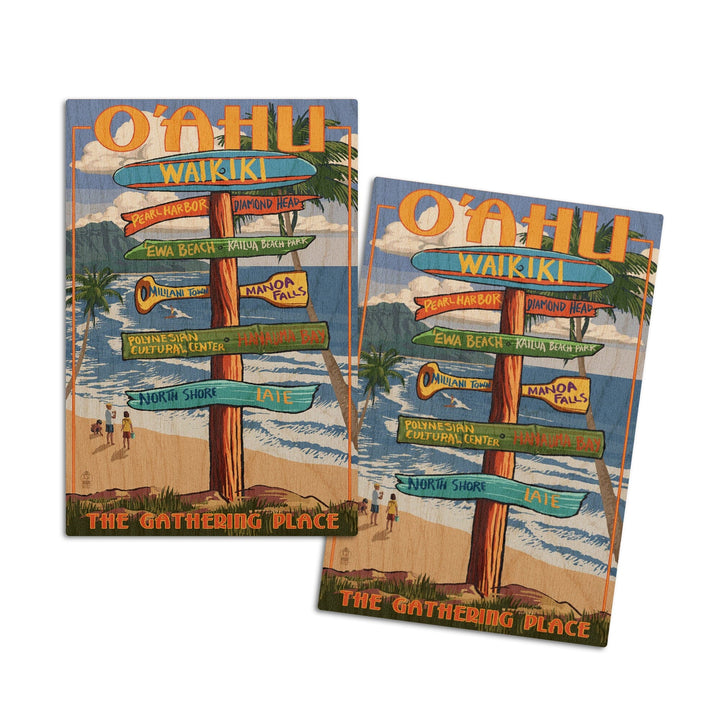 Oahu, Hawaii, Signpost, Lantern Press Artwork, Wood Signs and Postcards Wood Lantern Press 4x6 Wood Postcard Set 