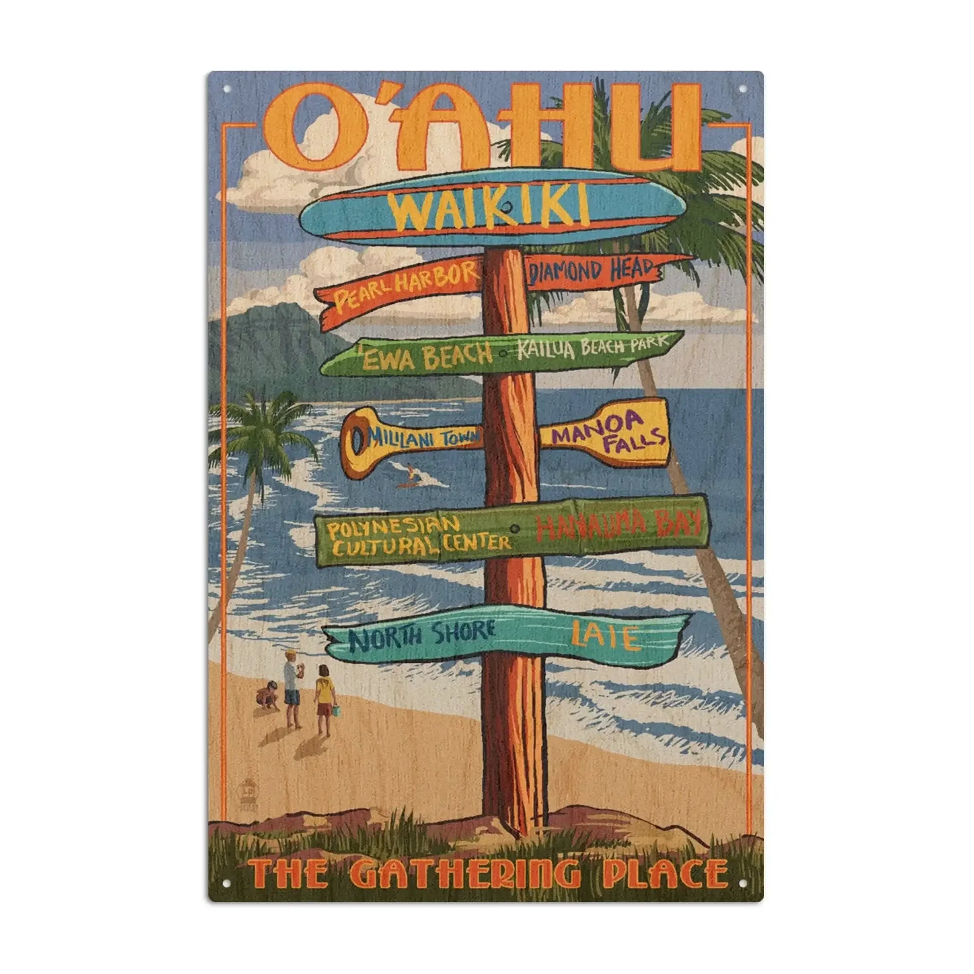 Oahu, Hawaii, Signpost, Lantern Press Artwork, Wood Signs and Postcard