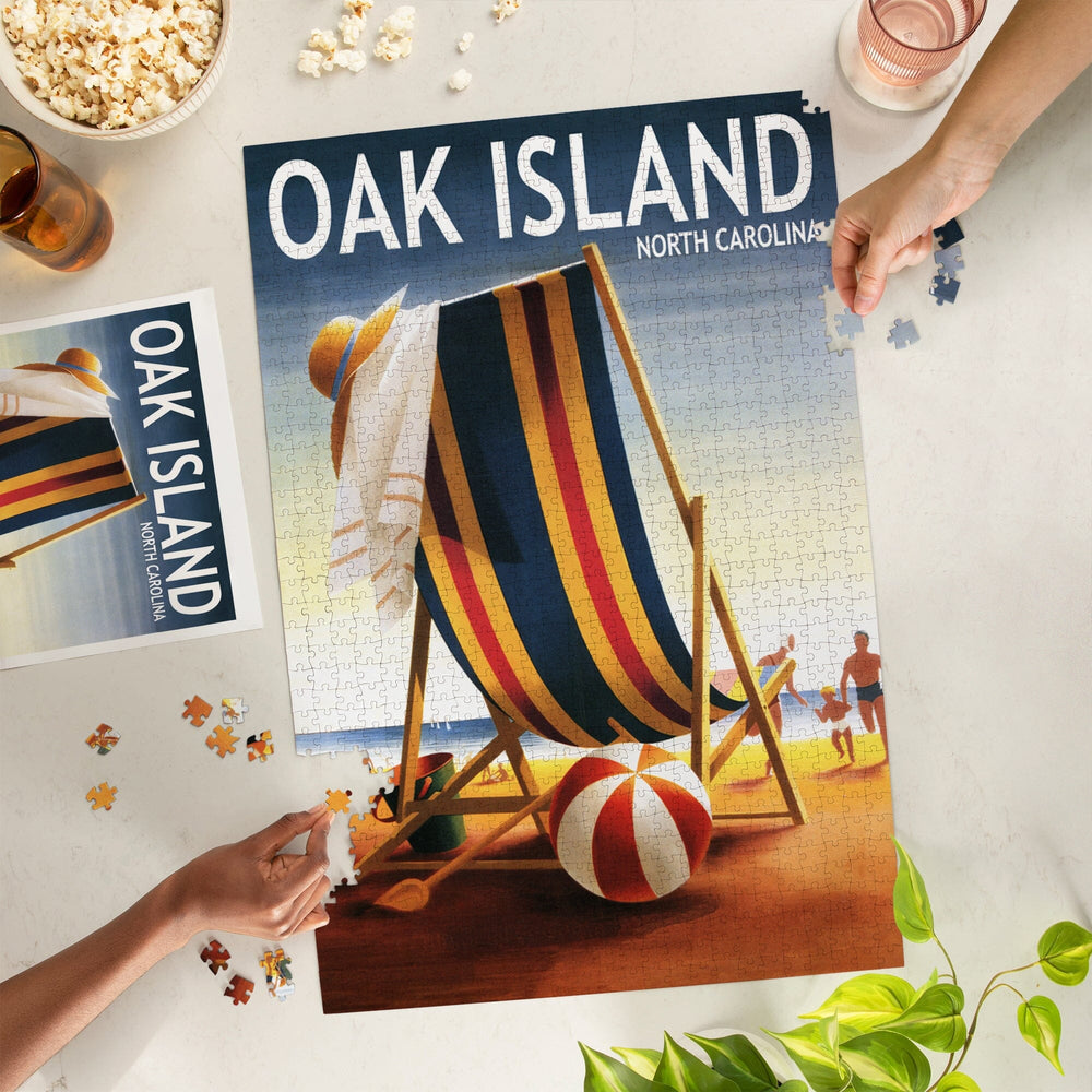 Oak Island, North Carolina, Beach Chair and Ball, Jigsaw Puzzle Puzzle Lantern Press 