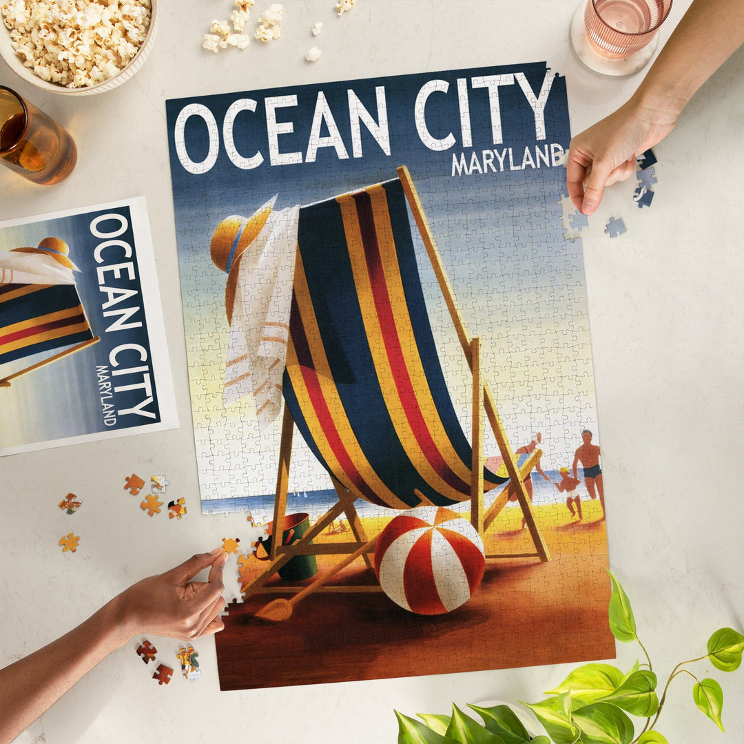 Ocean City, Maryland, Beach Chair and Ball, Jigsaw Puzzle Puzzle Lantern Press 