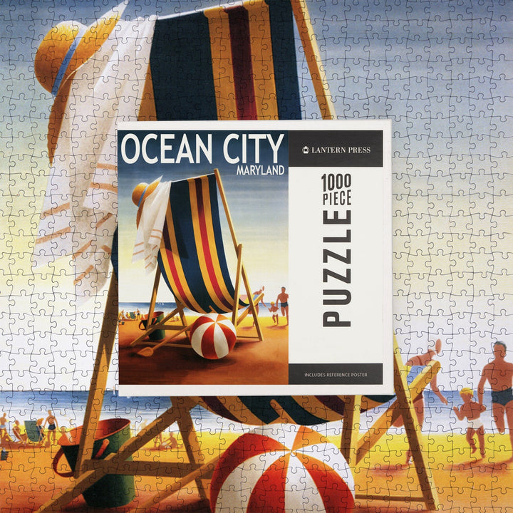 Ocean City, Maryland, Beach Chair and Ball, Jigsaw Puzzle Puzzle Lantern Press 