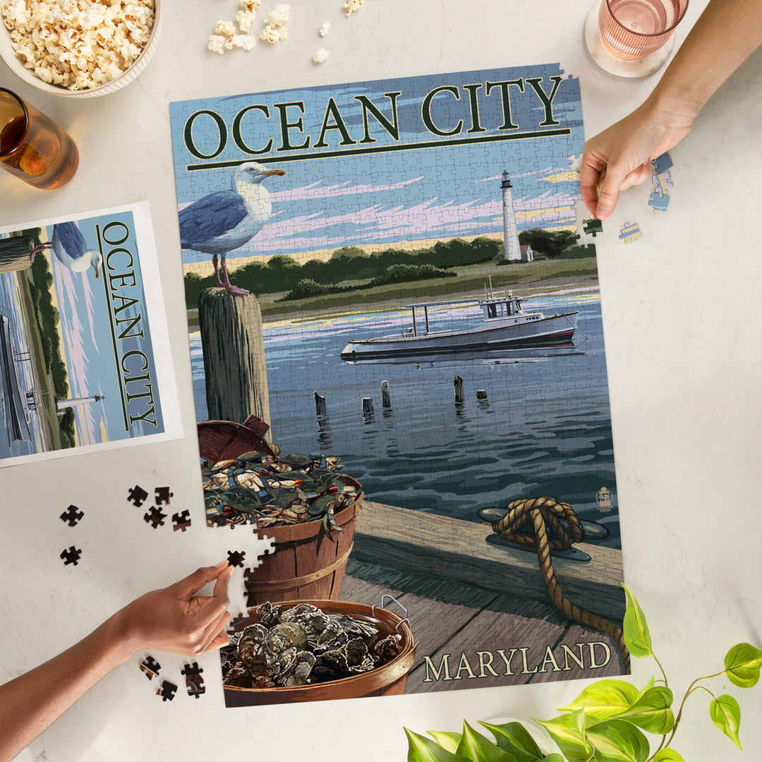 Ocean City, Maryland, Blue Crab and Oysters on Dock, Jigsaw Puzzle Puzzle Lantern Press 