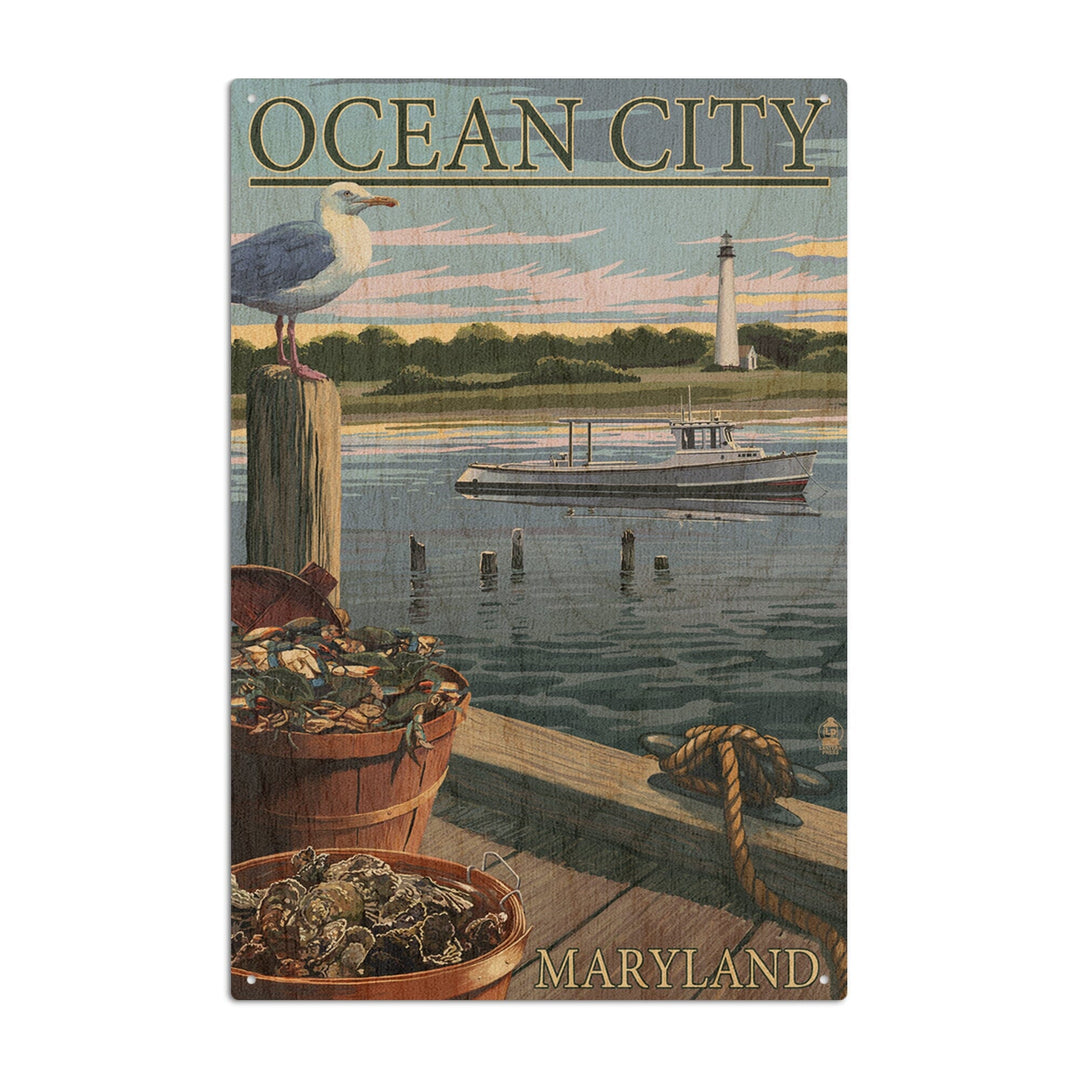 Ocean City, Maryland, Blue Crab and Oysters on Dock, Lantern Press Poster, Wood Signs and Postcards Wood Lantern Press 10 x 15 Wood Sign 